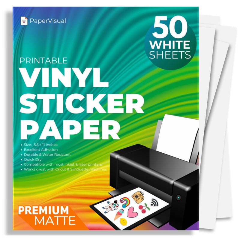 PAPERVISUAL Premium Printable Vinyl Sticker Paper for Inkjet and Laser Printer - 50 White Matte Sticker Paper Waterproof - Excellent Adhesion Paper 8.5 x 11, Fast Dry, Holds Ink Well, Great for Cutting Machines - Image 1
